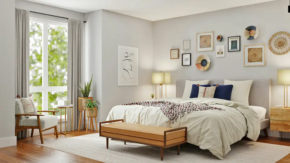 Bright bedroom with tall windows | Fitted wardrobes Newcastle Bright bedroom with tall windows, a bed and a wooden bench, design inspiration for bedrooms in Newcastle