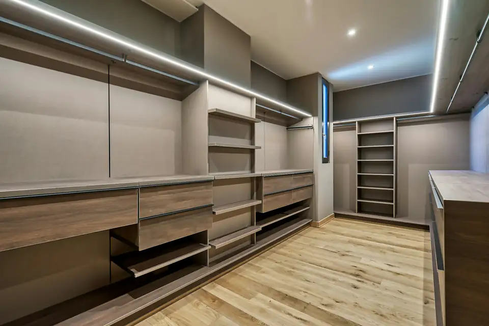 Dressing room with LED ceiling strip | Fitted wardrobes Whitley Bay Walk-in Wardrobes, a storage idea for homes in Whitley Bay