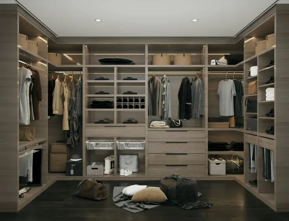 U-shaped walk-in wardrobe | Fitted wardrobes Newcastle U-shaped walk-in wardrobe with grey woodgrain shelving, drawers and hanging space, design inspiration for bedrooms in Newcastle