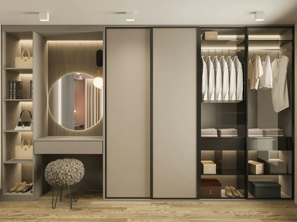 Lit fitted wardrobe wall with vanity desk | Fitted wardrobes Gosforth Fitted Bedroom Furniture, a fitted wardrobe idea for Gosforth homes